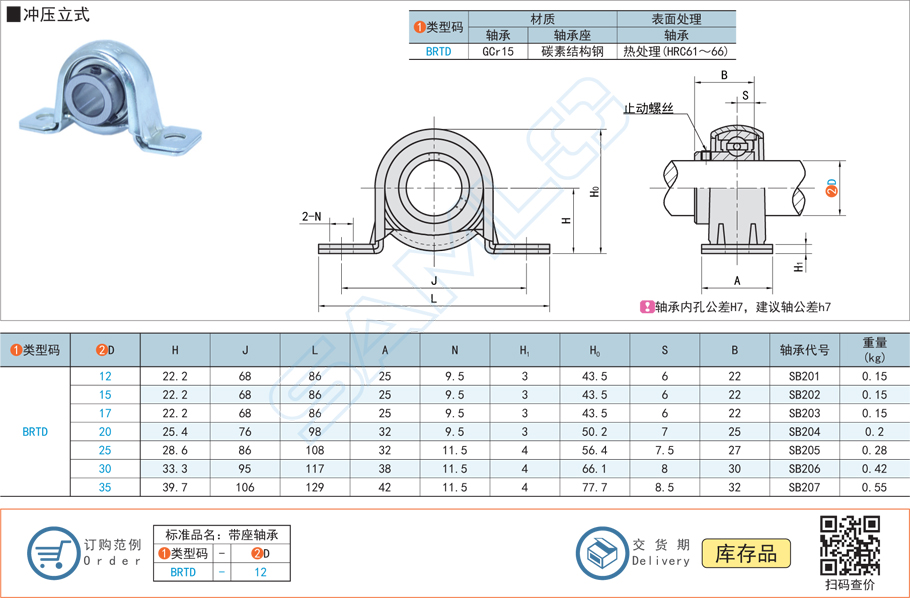 帶座外球面球軸承-沖壓立式規格參數尺寸材質