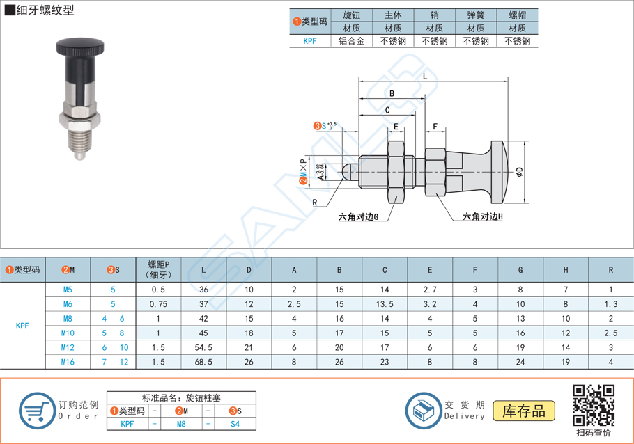 旋鈕柱塞-細牙螺紋自鎖型規格參數尺寸材質